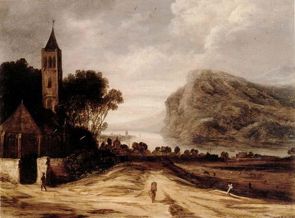 Philippe de Momper An extensiver river landscape with a church,cattle grazing and a traveller on a track Germany oil painting art